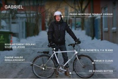 Cycliste avec son vélo d'hiver, l'image contient des flèches pointant aux différents éléments d'équipement qui sont expliqués dans le texte ci-dessous.