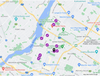 Carte des emplacements des saillies dans le quartier Ahuntsic